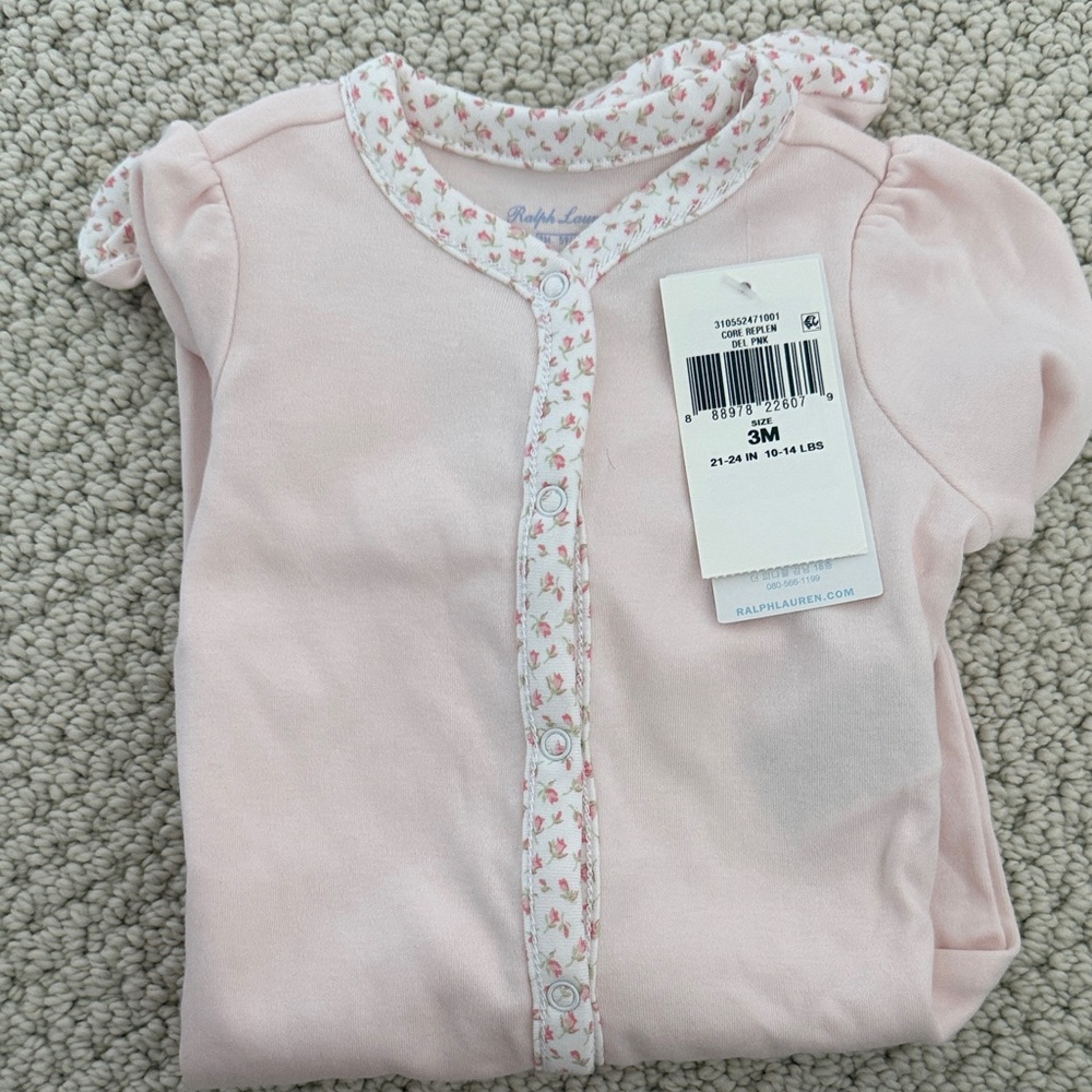 Ralph Lauren Light Pink Baby Onesie with Floral Accents